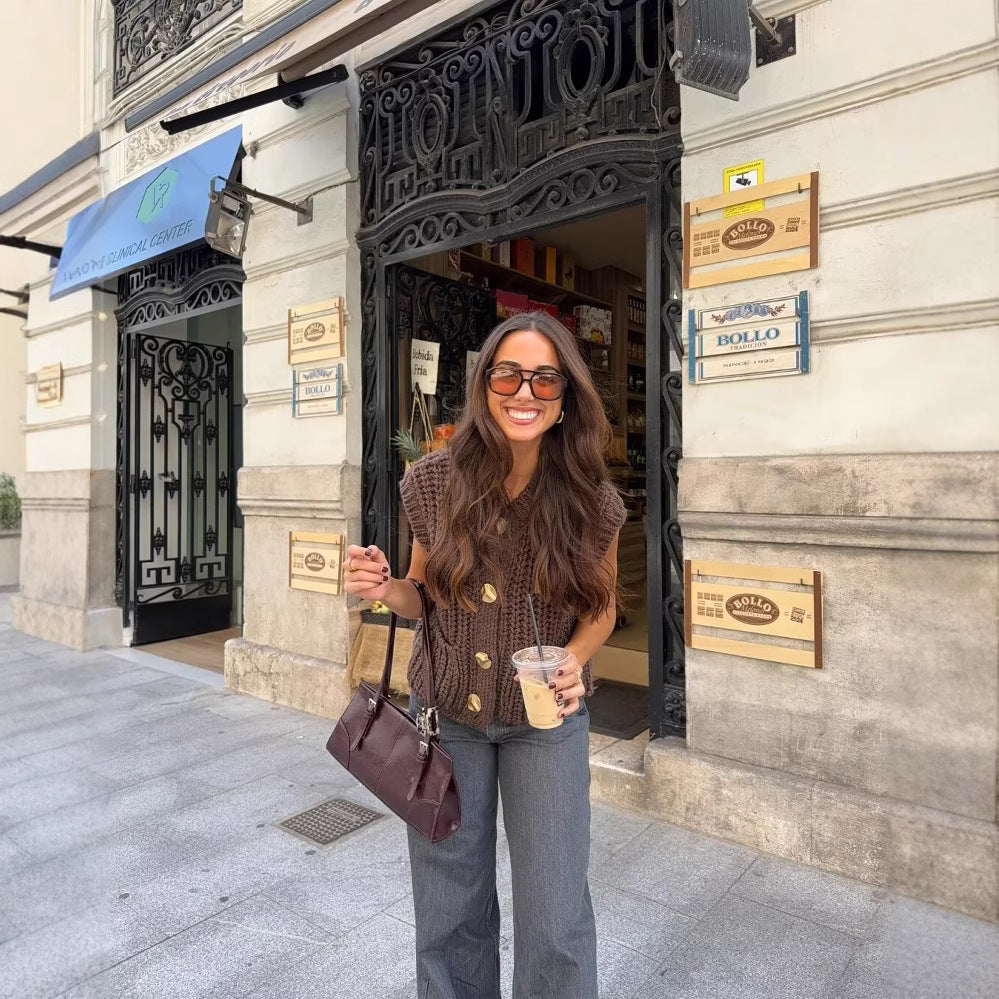 BICHIR Gilet tricoté sans manches pour femme à grosses mailles
