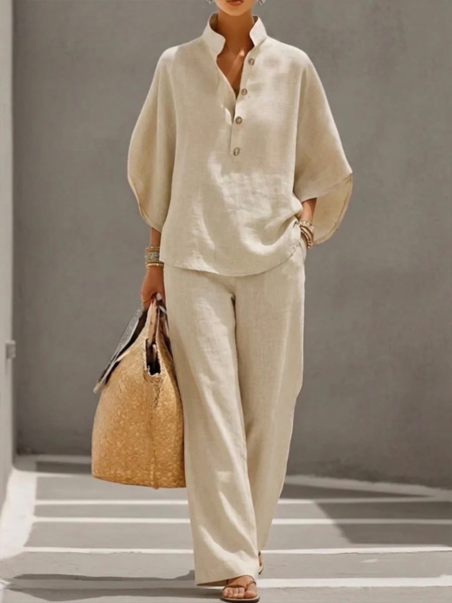 NIRO Ensemble d’été pour femme avec haut ample à manches courtes et pantalon droit