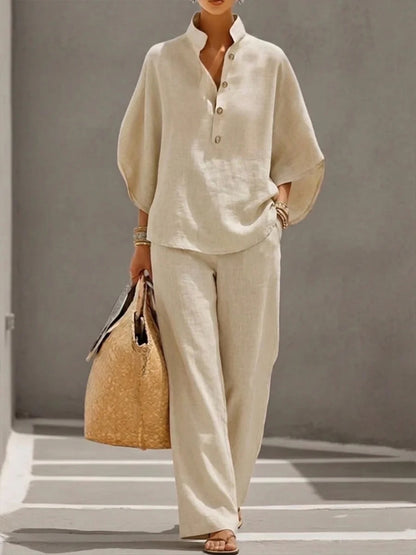 NIRO Ensemble d’été pour femme avec haut ample à manches courtes et pantalon droit