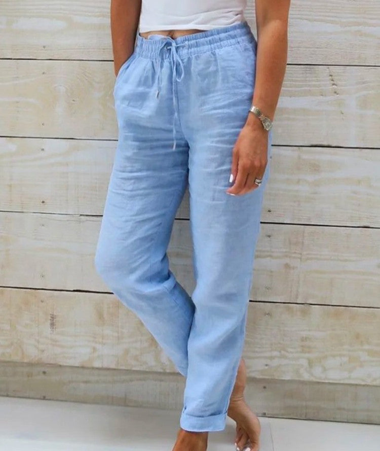BICONE Pantalon Décontracté en Coton et Lin à Taille Haute Élastique