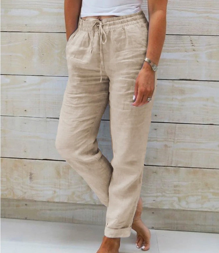 BICONE Pantalon Décontracté en Coton et Lin à Taille Haute Élastique