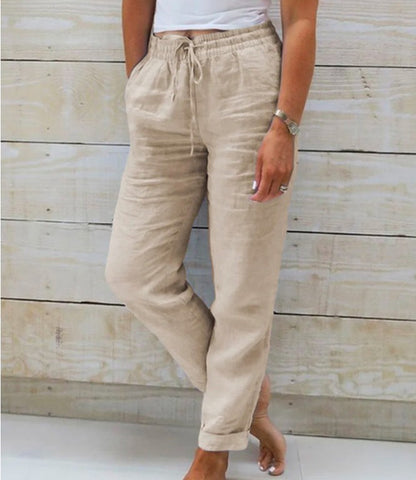 BICONE Pantalon Décontracté en Coton et Lin à Taille Haute Élastique