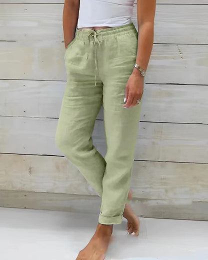 BICONE Pantalon Décontracté en Coton et Lin à Taille Haute Élastique