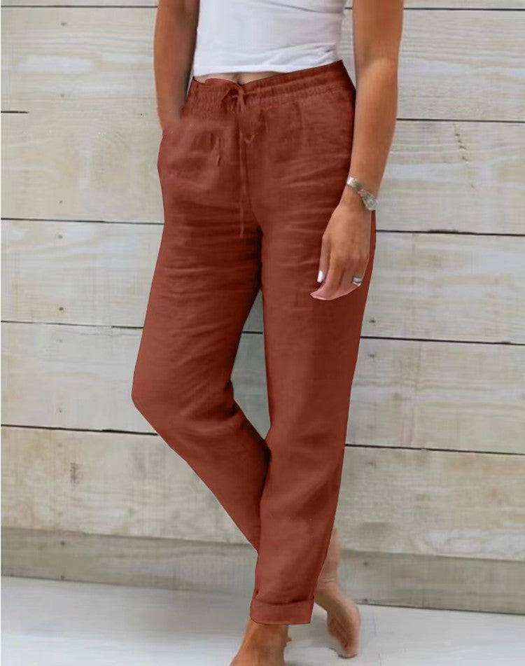 BICONE Pantalon Décontracté en Coton et Lin à Taille Haute Élastique