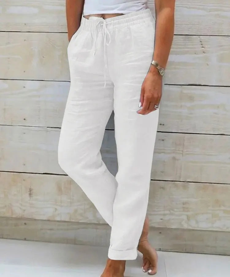 BICONE Pantalon Décontracté en Coton et Lin à Taille Haute Élastique