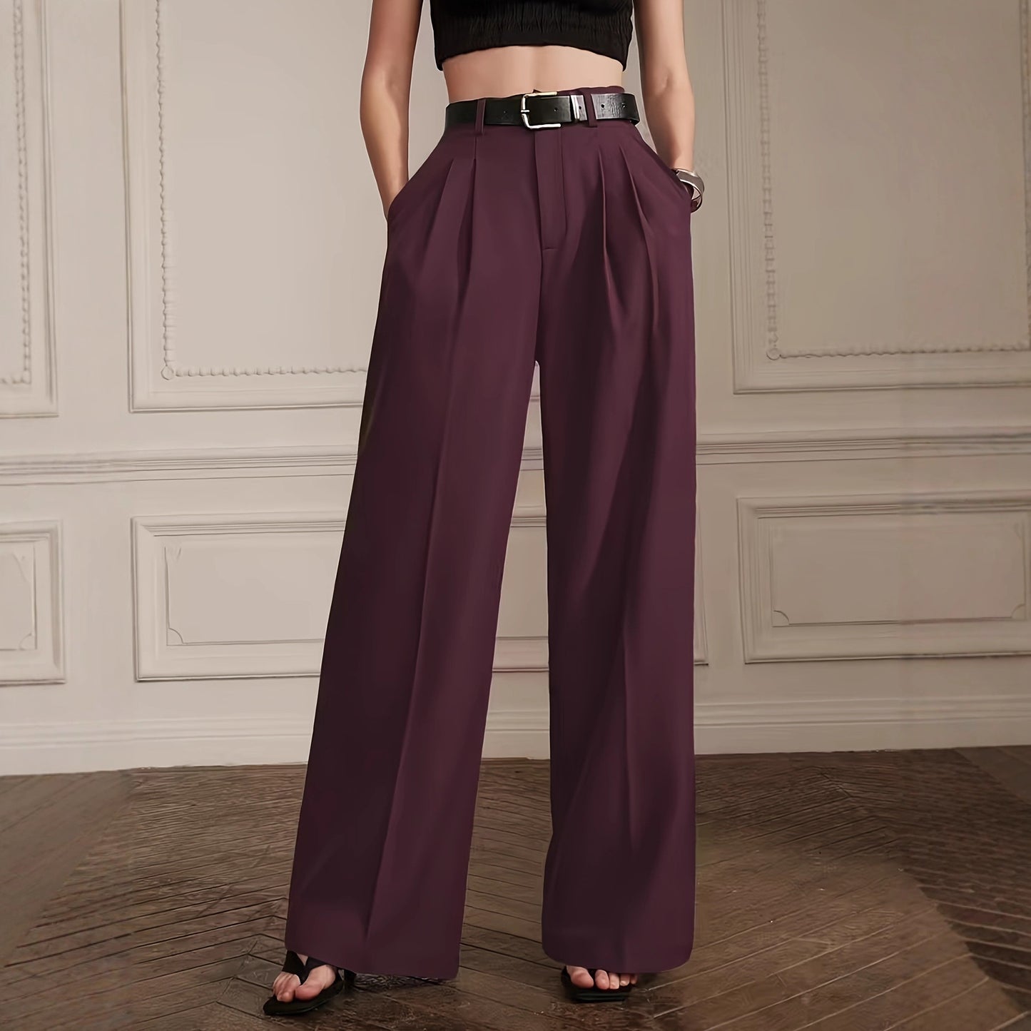 PROKO Pantalon large plissé à taille haute – Violet Rétro