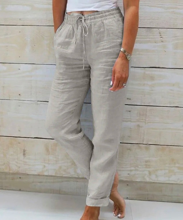BICONE Pantalon Décontracté en Coton et Lin à Taille Haute Élastique