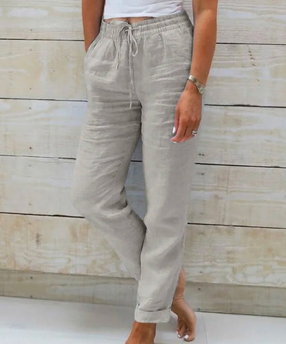 BICONE Pantalon Décontracté en Coton et Lin à Taille Haute Élastique