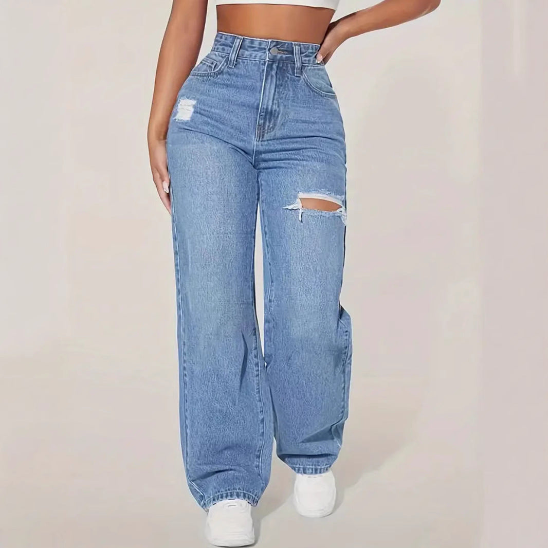 HARDOSI Pantalon en denim lavé à trous pour femmes