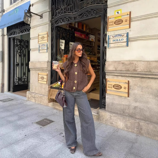 BICHIR, Gilet tricoté sans manches pour femme à grosses mailles