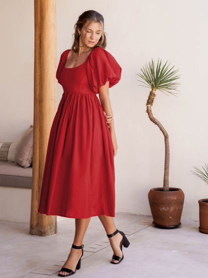 FADYA Robe décontractée style français à manches lanterne et dos nu