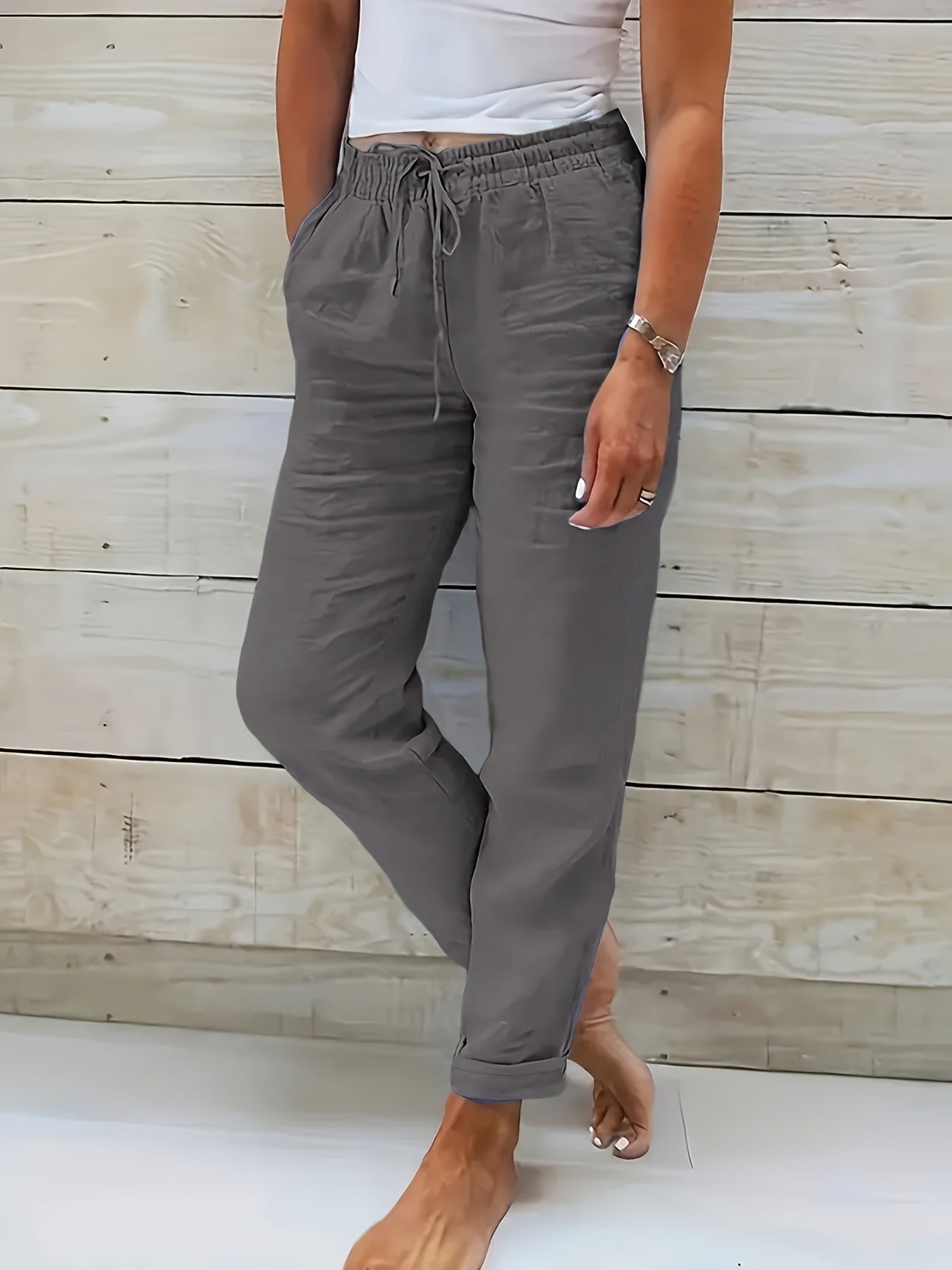 BICONE Pantalon Décontracté en Coton et Lin à Taille Haute Élastique
