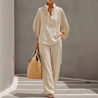 NIRO Ensemble d’été pour femme avec haut ample à manches courtes et pantalon droit