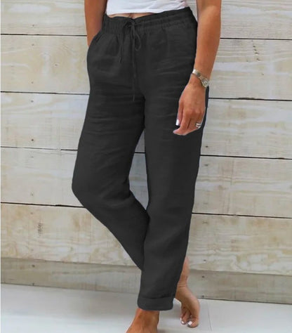 BICONE Pantalon Décontracté en Coton et Lin à Taille Haute Élastique