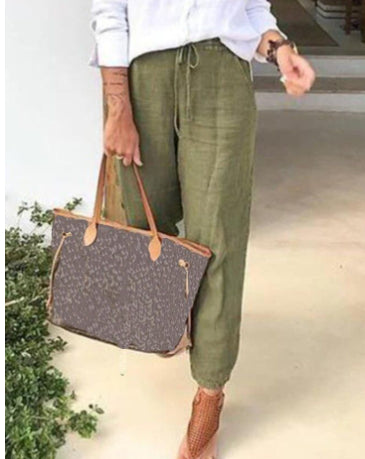 BICONE Pantalon Décontracté en Coton et Lin à Taille Haute Élastique