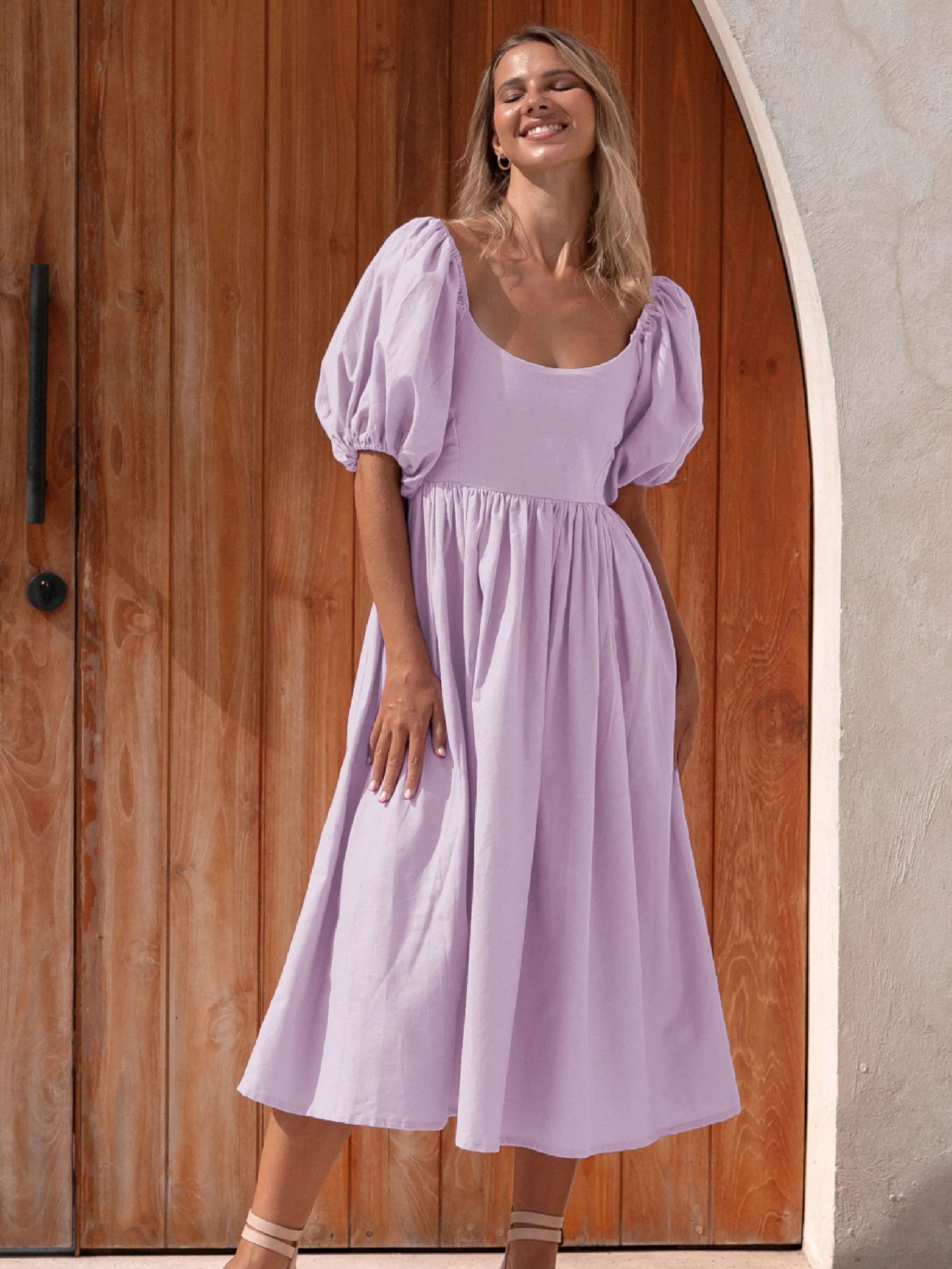 FADYA Robe décontractée style français à manches lanterne et dos nu