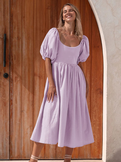 FADYA Robe décontractée style français à manches lanterne et dos nu