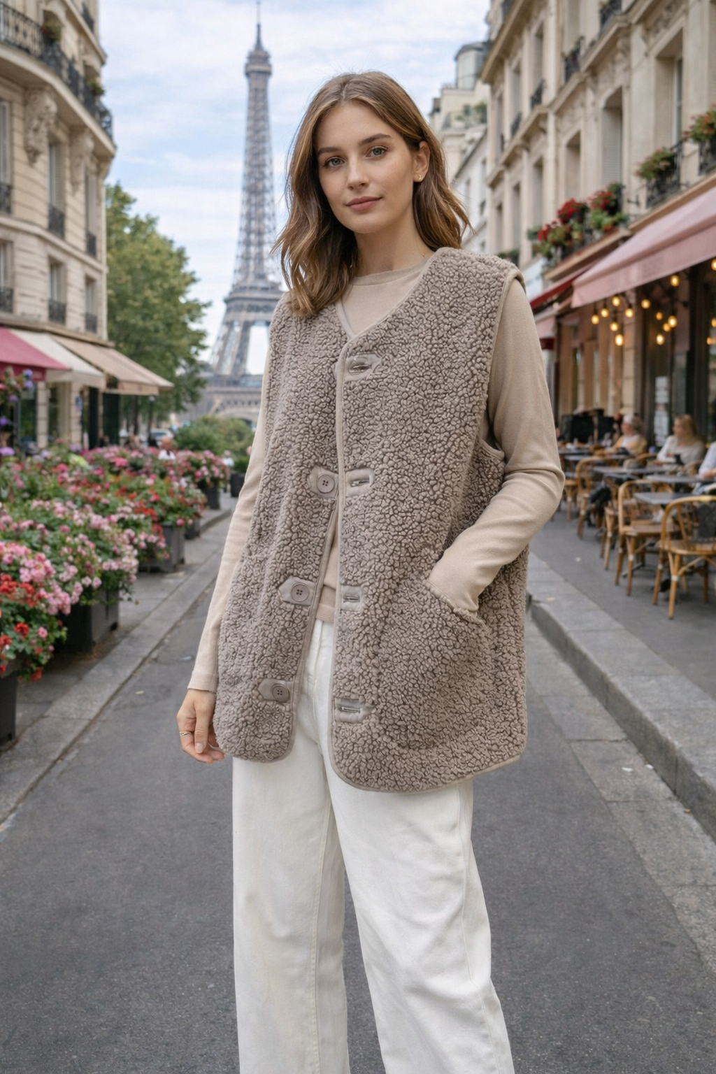 WINIS Gilet femme ample en fourrure effet laine d’agneau