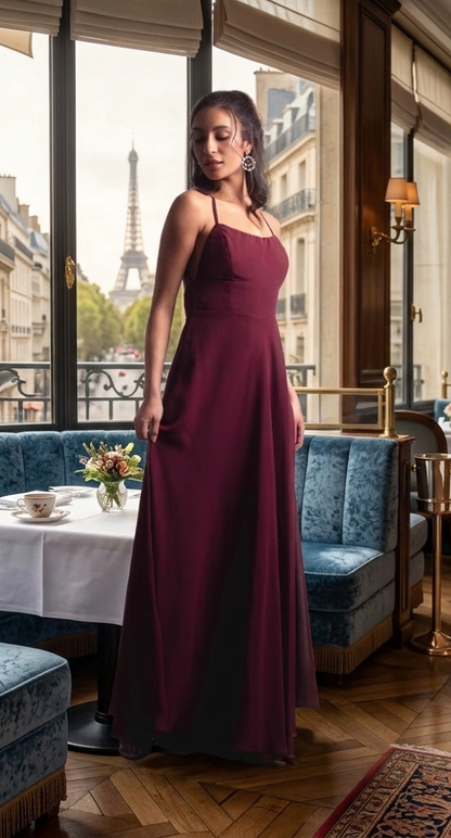 DALYA Robe longue unie dos nu à bretelles croisées avec fente haute