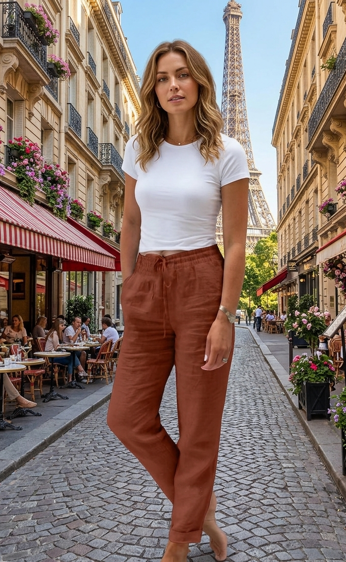 BICONE Pantalon Décontracté en Coton et Lin à Taille Haute Élastique