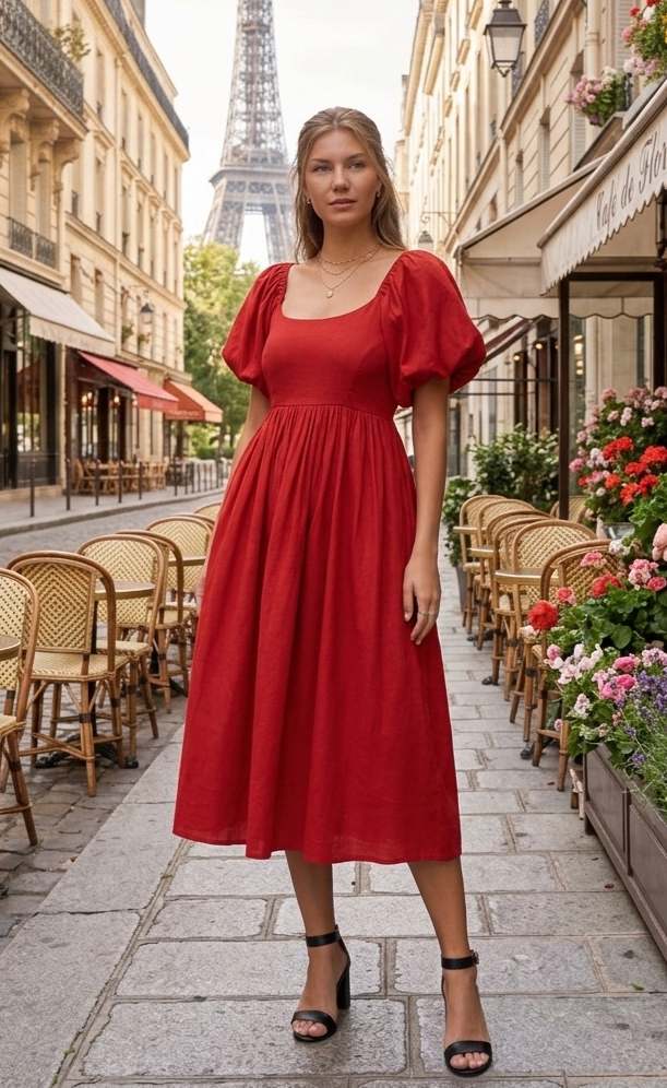FADYA Robe décontractée style français à manches lanterne et dos nu