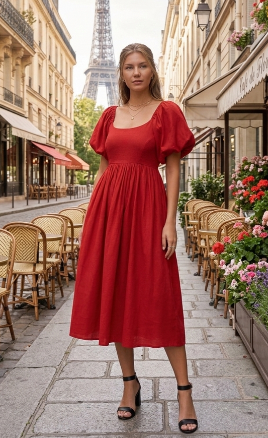 FADYA Robe décontractée style français à manches lanterne et dos nu