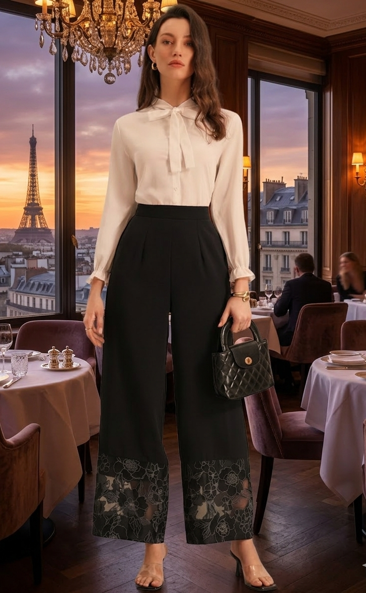 SERFI Pantalon droite avec panneaux de dentelle transparente.