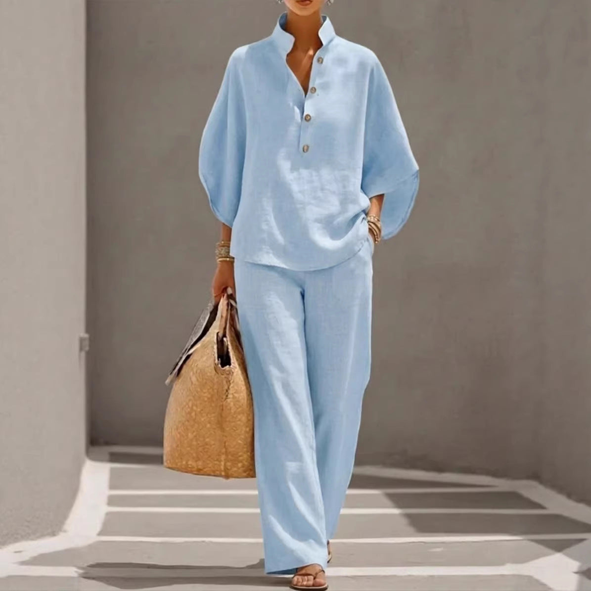 NIRO Ensemble d’été pour femme avec haut ample à manches courtes et pantalon droit