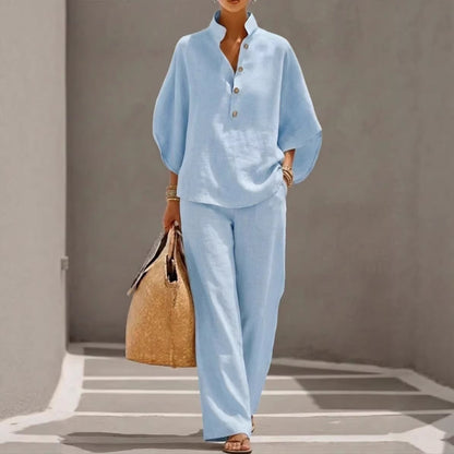 NIRO Ensemble d’été pour femme avec haut ample à manches courtes et pantalon droit