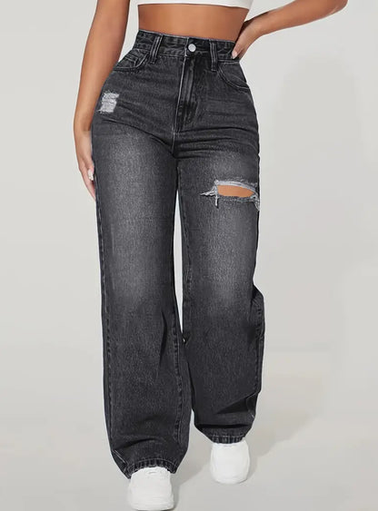 HARDOSI Pantalon en denim lavé à trous pour femmes