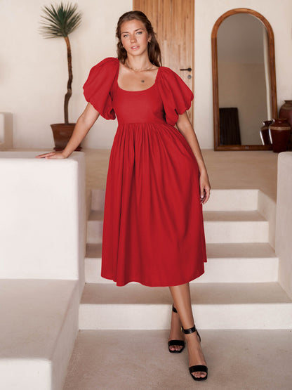 FADYA Robe décontractée style français à manches lanterne et dos nu