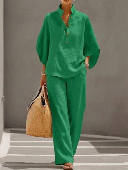 NIRO Ensemble d’été pour femme avec haut ample à manches courtes et pantalon droit