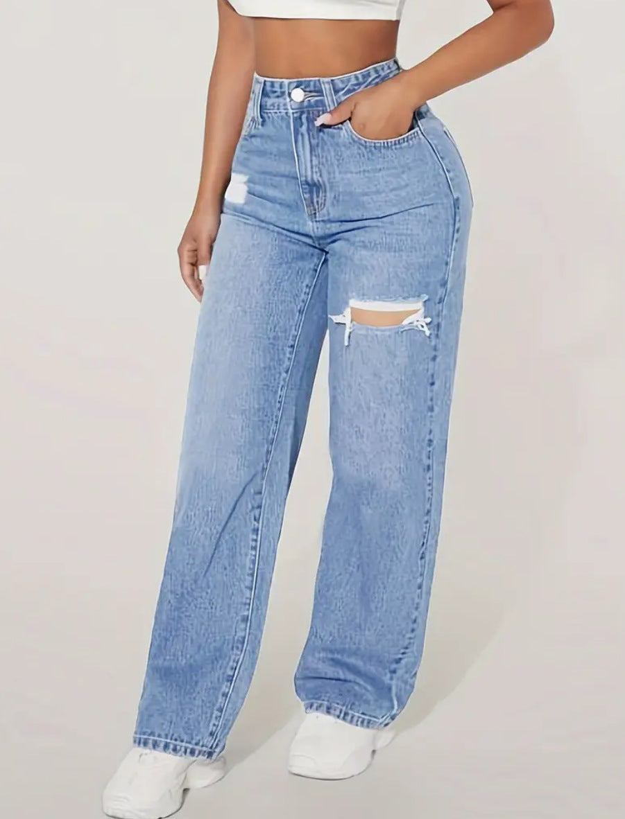 HARDOSI Pantalon en denim lavé à trous pour femmes