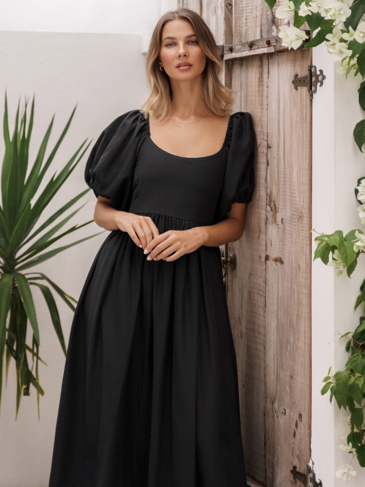 FADYA Robe décontractée style français à manches lanterne et dos nu