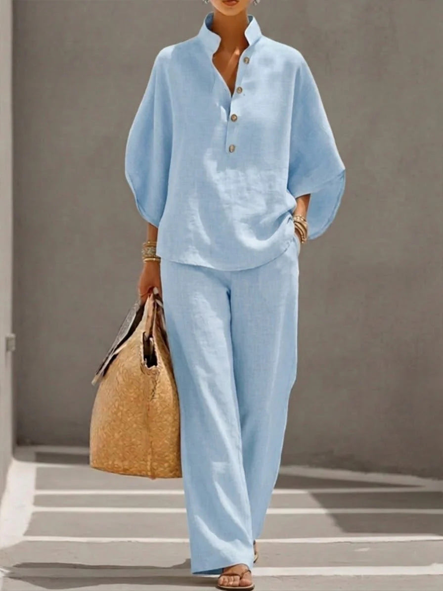 NIRO Ensemble d’été pour femme avec haut ample à manches courtes et pantalon droit