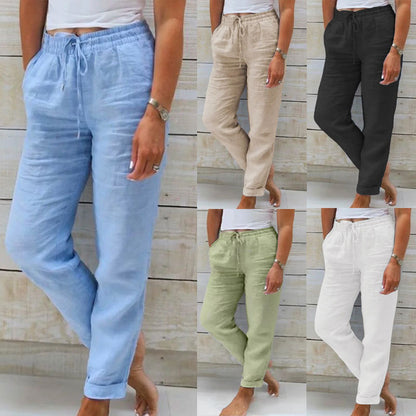 BICONE Pantalon Décontracté en Coton et Lin à Taille Haute Élastique