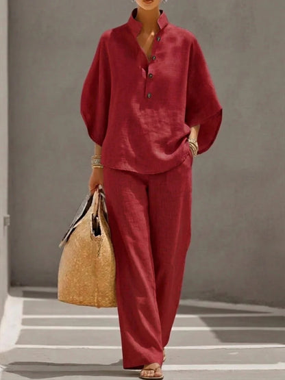 NIRO Ensemble d’été pour femme avec haut ample à manches courtes et pantalon droit