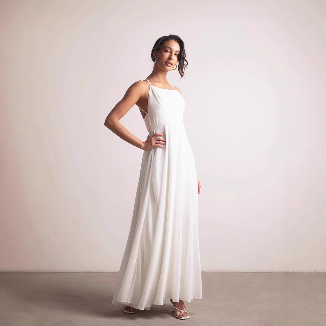 DALYA Robe longue unie dos nu à bretelles croisées avec fente haute