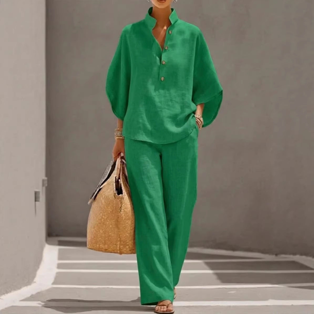 NIRO Ensemble d’été pour femme avec haut ample à manches courtes et pantalon droit