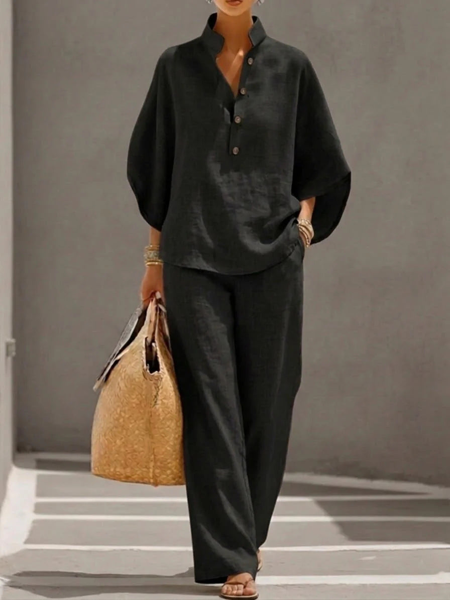 NIRO Ensemble d’été pour femme avec haut ample à manches courtes et pantalon droit