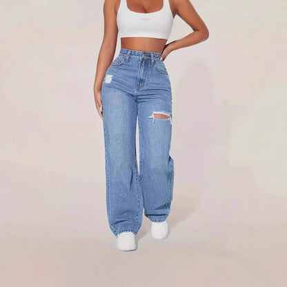 HARDOSI Pantalon en denim lavé à trous pour femmes