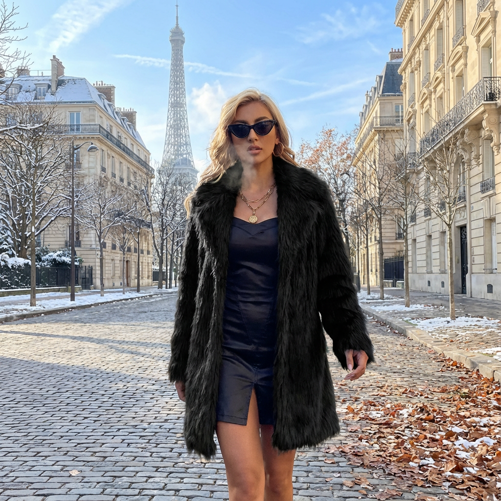 SKAYRI Manteau long pour femme à col tailleur en fourrure